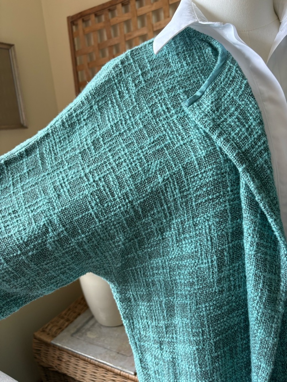 Masai Classic Open-Front Textured Cotton Boucle Knit Teal Oversized Jacket - XL - Picture 8 of 9